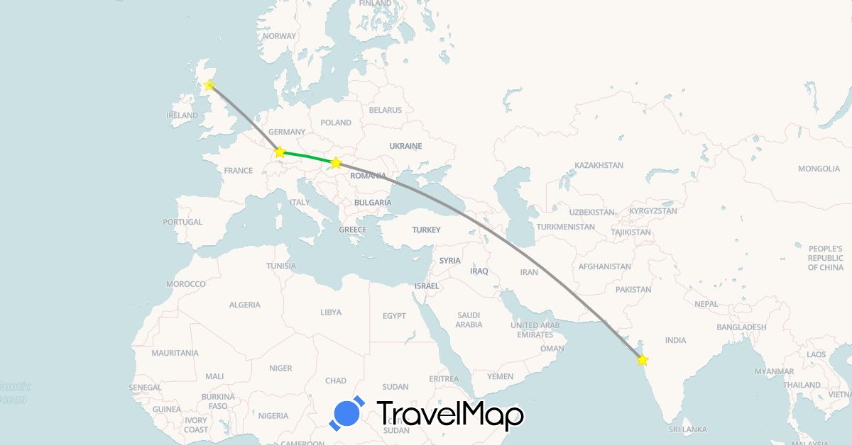 TravelMap itinerary: driving, bus, plane in Germany, United Kingdom, Hungary, India (Asia, Europe)